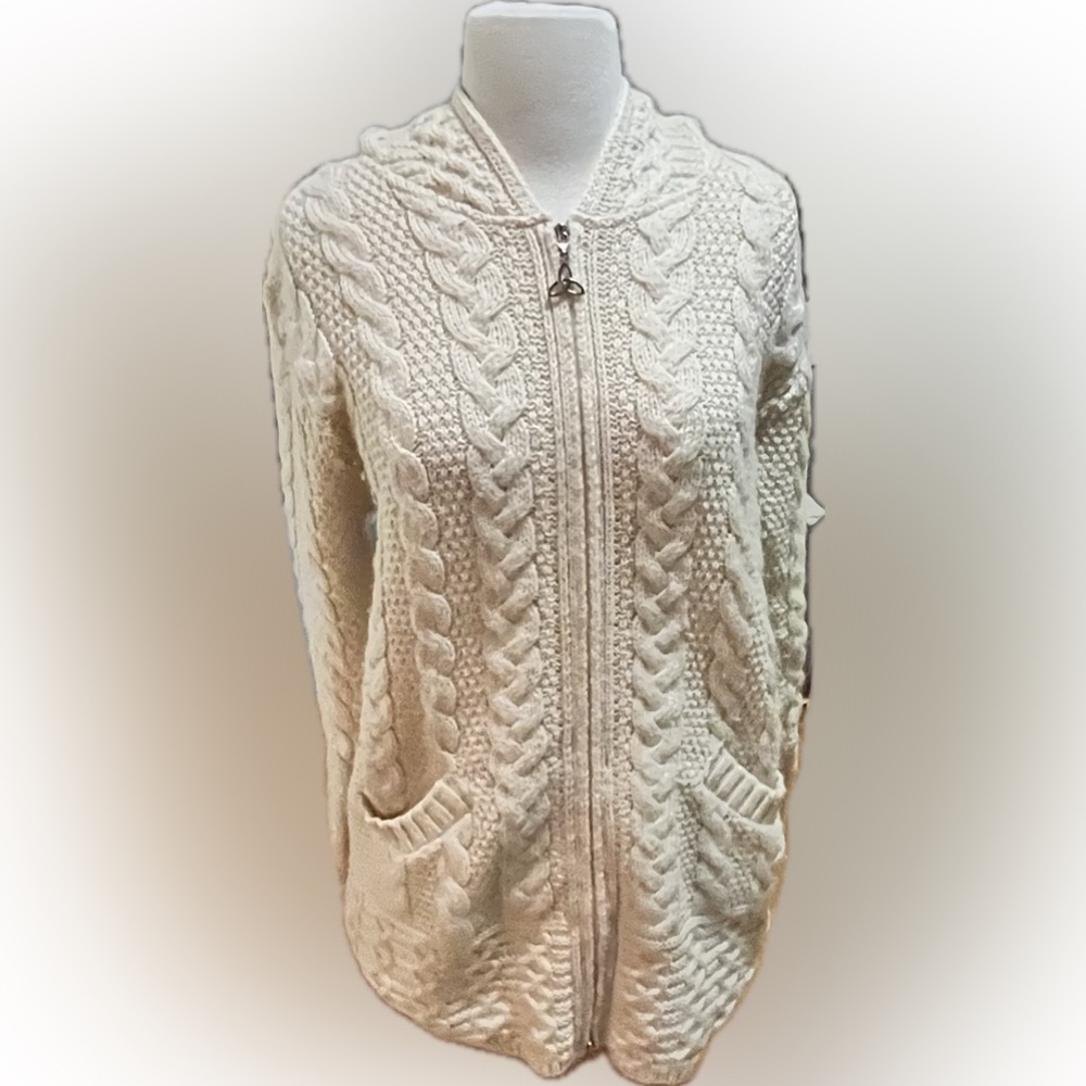 Aran Sweater Market Cardigan Size S, 100% Wool, Cable Knit, Fisherman Beige